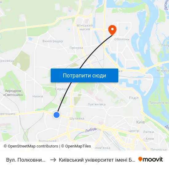 Вул. Полковника Шутова to Київський університет імені Бориса Грінченка map