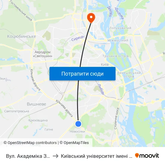 Вул. Академіка Заболотного to Київський університет імені Бориса Грінченка map