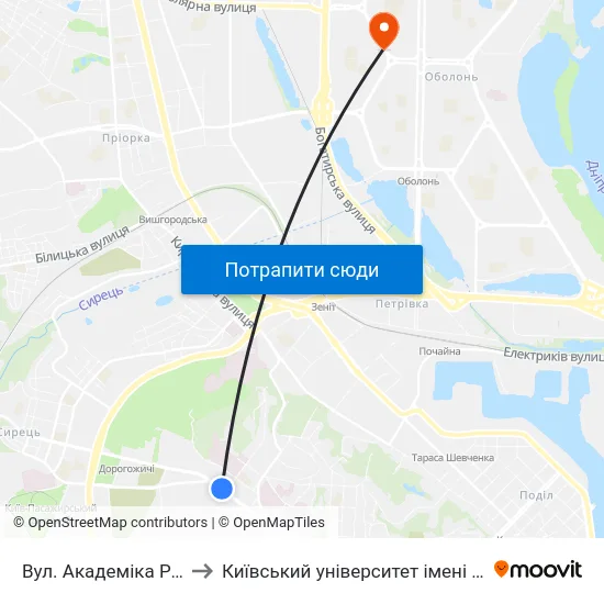 Вул. Академіка Ромоданова to Київський університет імені Бориса Грінченка map