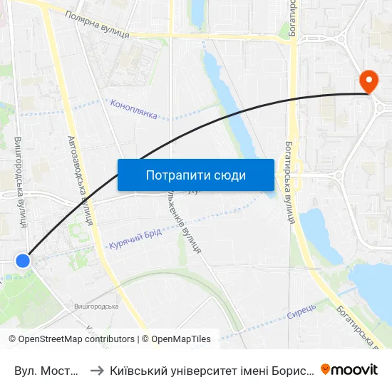 Вул. Мостицька to Київський університет імені Бориса Грінченка map