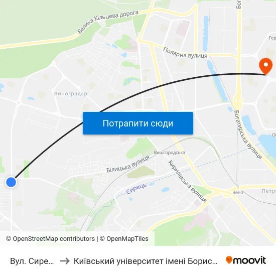 Вул. Сирецька to Київський університет імені Бориса Грінченка map