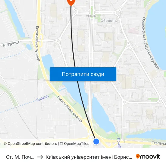 Ст. М. Почайна to Київський університет імені Бориса Грінченка map