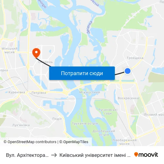 Вул. Архітектора Ніколаєва to Київський університет імені Бориса Грінченка map