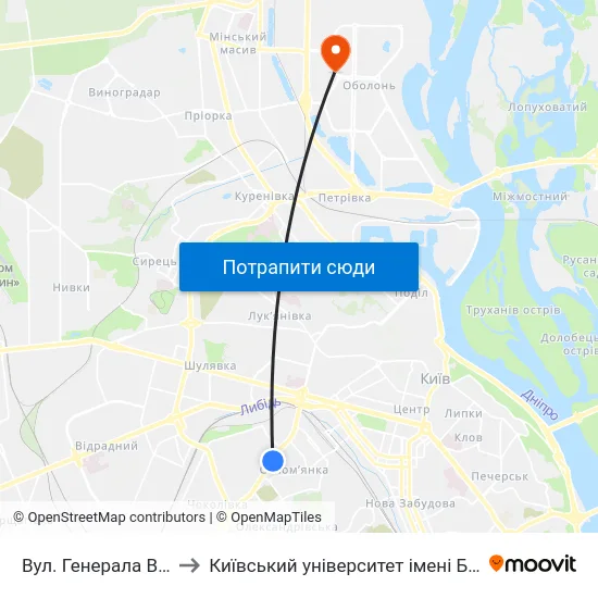 Вул. Генерала Воробйова to Київський університет імені Бориса Грінченка map