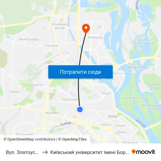 Вул. Златоустівська to Київський університет імені Бориса Грінченка map