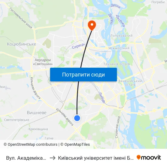 Вул. Академіка Вільямса to Київський університет імені Бориса Грінченка map