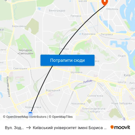 Вул. Зодчих to Київський університет імені Бориса Грінченка map