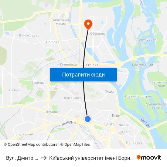 Вул. Дмитрівська to Київський університет імені Бориса Грінченка map