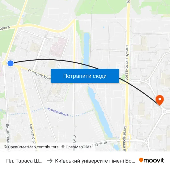 Пл. Тараса Шевченка to Київський університет імені Бориса Грінченка map