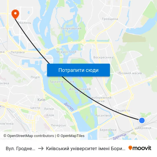 Вул. Гродненська to Київський університет імені Бориса Грінченка map