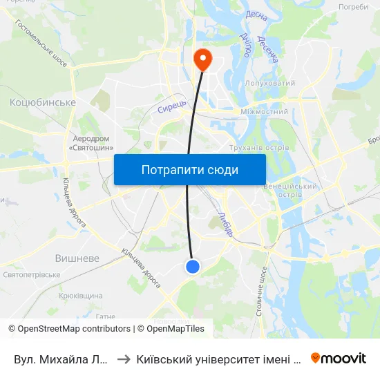 Вул. Михайла Ломоносова to Київський університет імені Бориса Грінченка map