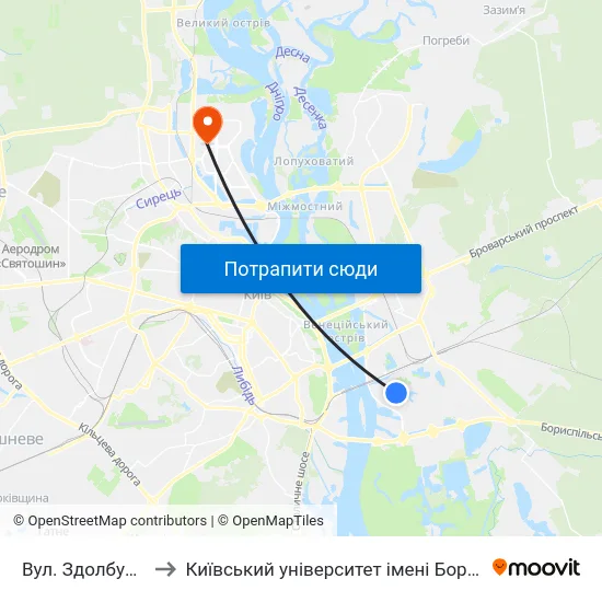 Вул. Здолбунівська to Київський університет імені Бориса Грінченка map
