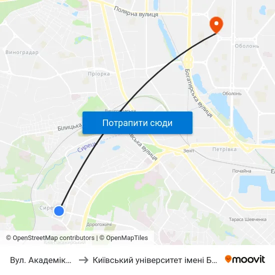Вул. Академіка Щусєва to Київський університет імені Бориса Грінченка map