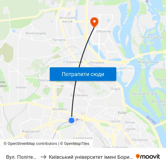 Вул. Політехнічна to Київський університет імені Бориса Грінченка map