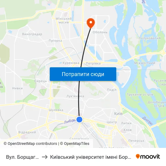 Вул. Борщагівська to Київський університет імені Бориса Грінченка map