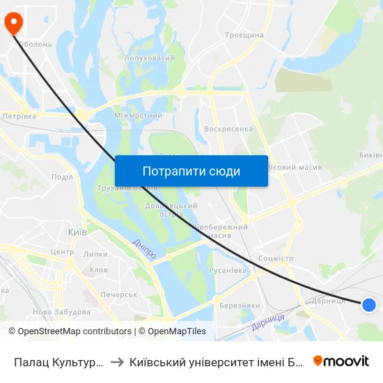 Палац Культури Дніпро to Київський університет імені Бориса Грінченка map