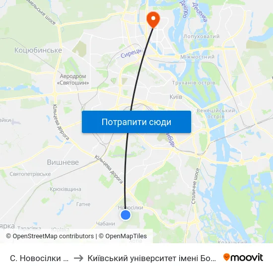 С. Новосілки (Центр) to Київський університет імені Бориса Грінченка map