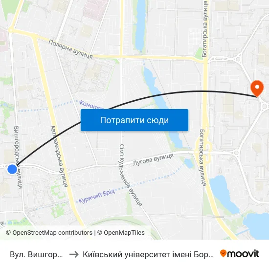 Вул. Вишгородська to Київський університет імені Бориса Грінченка map