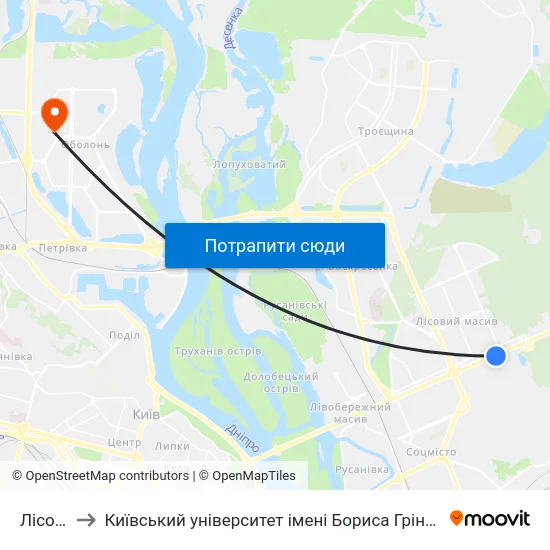 Лісова to Київський університет імені Бориса Грінченка map