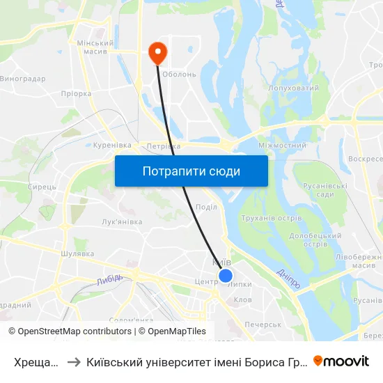 Хрещатик to Київський університет імені Бориса Грінченка map