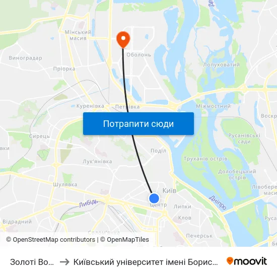 Золоті Ворота to Київський університет імені Бориса Грінченка map