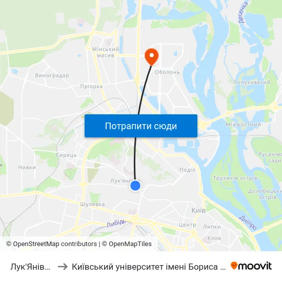 Лук'Янівська to Київський університет імені Бориса Грінченка map