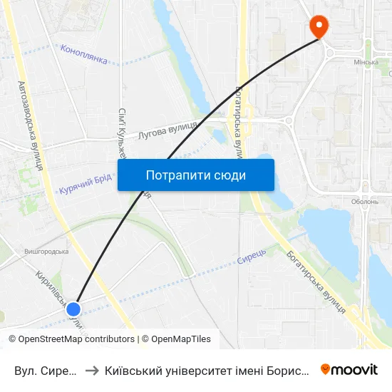 Вул. Сирецька to Київський університет імені Бориса Грінченка map
