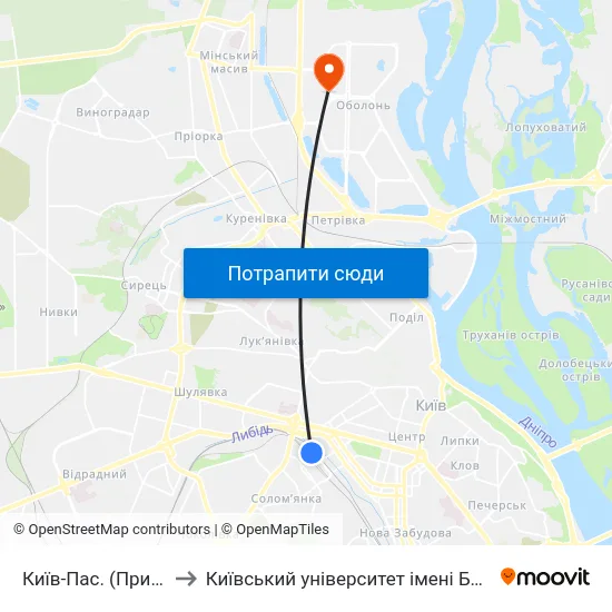 Київ-Пас. (Приміський) to Київський університет імені Бориса Грінченка map