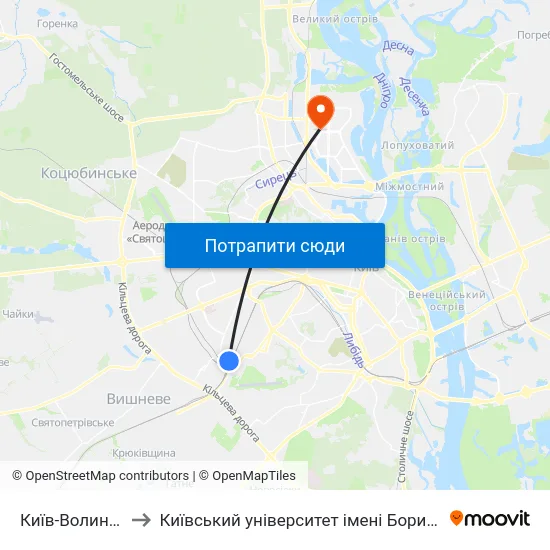Київ-Волинський to Київський університет імені Бориса Грінченка map