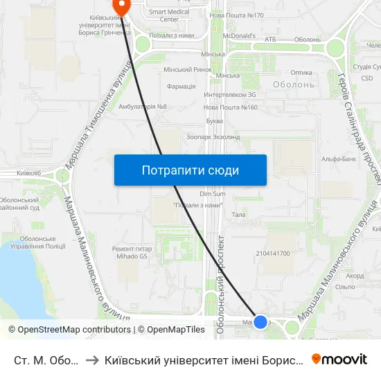 Ст. М. Оболонь to Київський університет імені Бориса Грінченка map