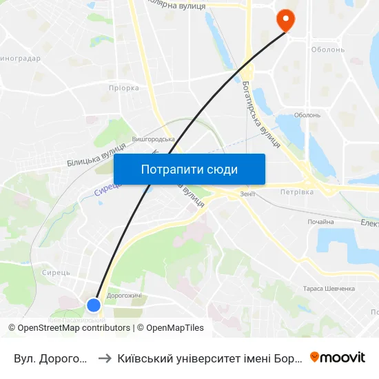 Вул. Дорогожицька to Київський університет імені Бориса Грінченка map
