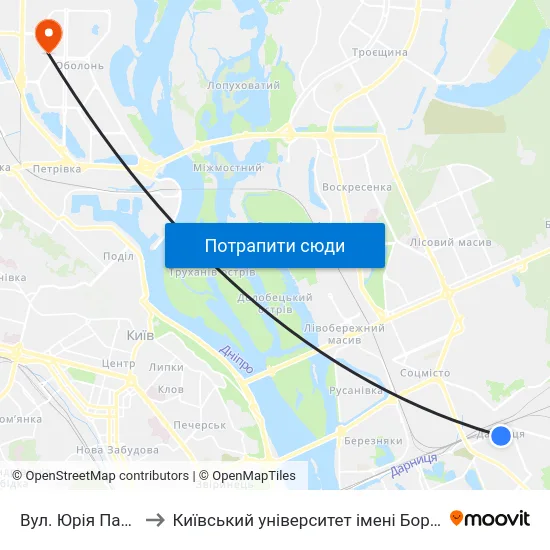 Вул. Юрія Пасхаліна to Київський університет імені Бориса Грінченка map