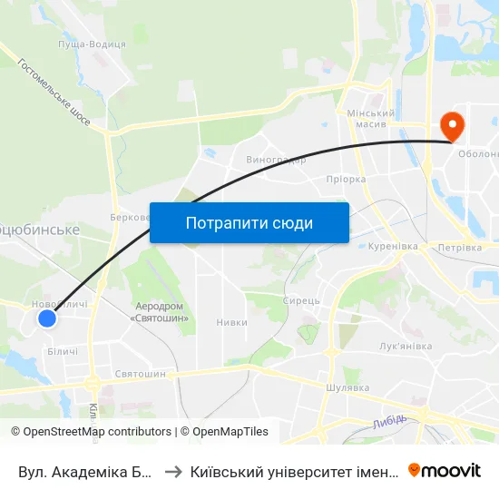 Вул. Академіка Булаховського to Київський університет імені Бориса Грінченка map