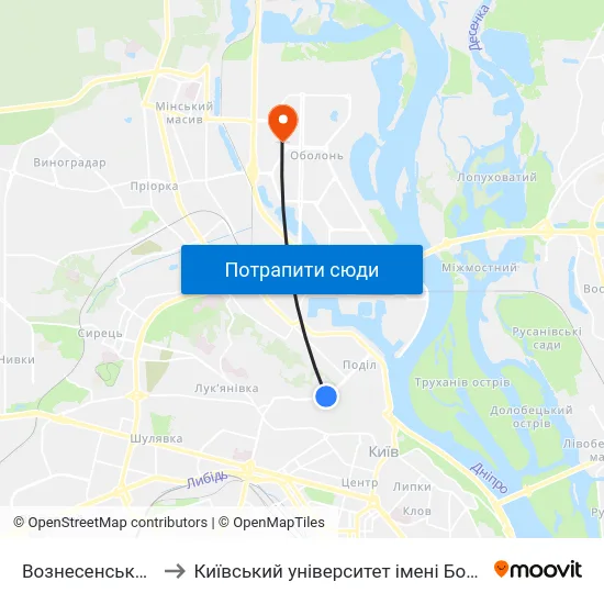 Вознесенський Узвіз to Київський університет імені Бориса Грінченка map