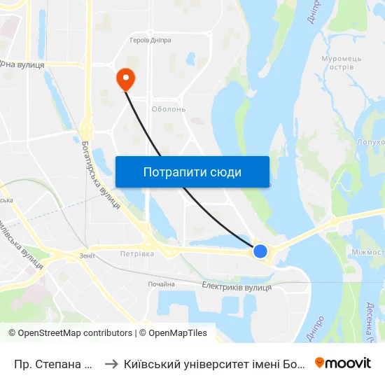 Пр. Степана Бандери to Київський університет імені Бориса Грінченка map
