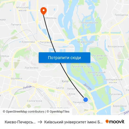 Києво-Печерська Лавра to Київський університет імені Бориса Грінченка map