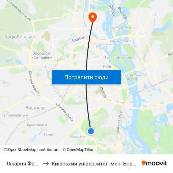 Лікарня Феофанія to Київський університет імені Бориса Грінченка map