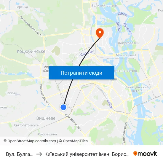 Вул. Булгакова to Київський університет імені Бориса Грінченка map