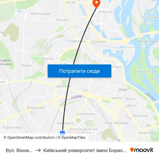 Вул. Вінницька to Київський університет імені Бориса Грінченка map