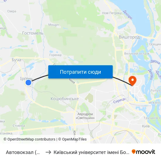 Автовокзал (М. Ірпінь) to Київський університет імені Бориса Грінченка map