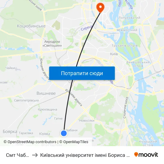 Смт Чабани to Київський університет імені Бориса Грінченка map