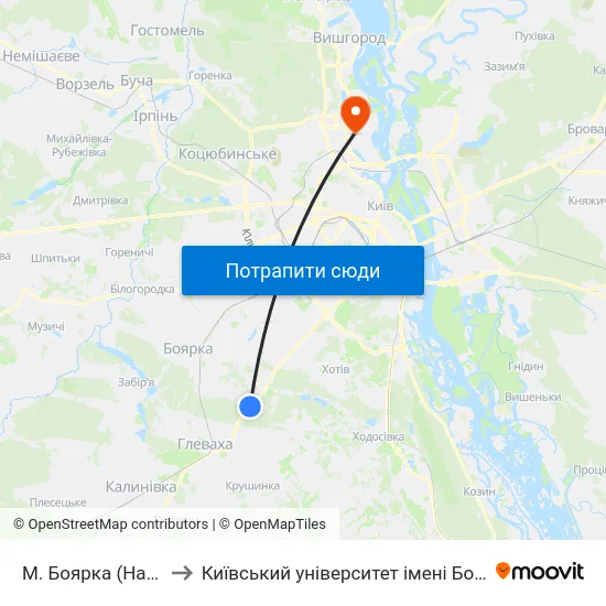 М. Боярка (На Вимогу) to Київський університет імені Бориса Грінченка map