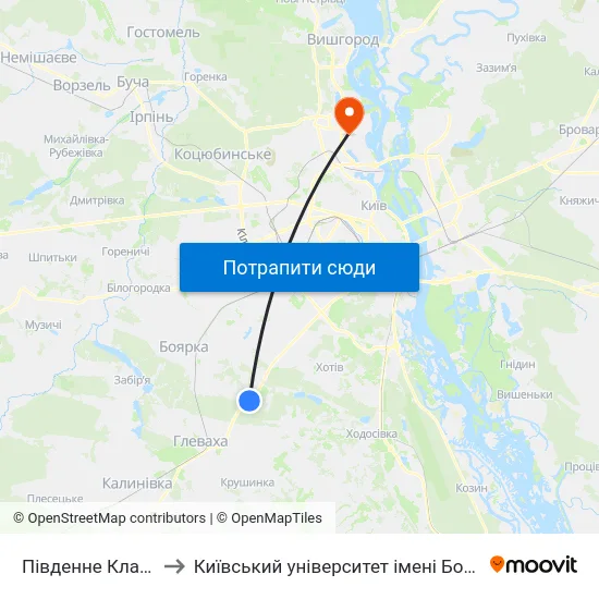 Південне Кладовище to Київський університет імені Бориса Грінченка map