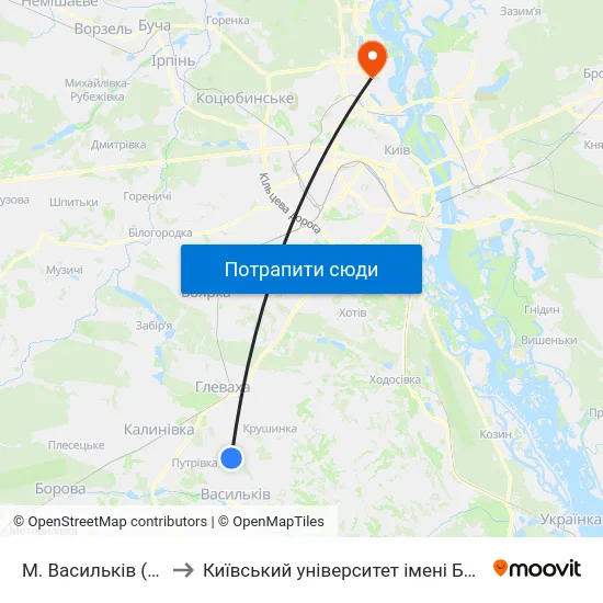 М. Васильків (Городок) to Київський університет імені Бориса Грінченка map