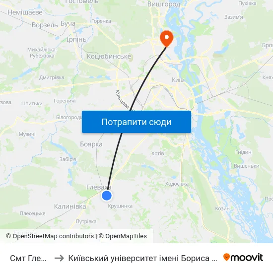 Смт Глеваха to Київський університет імені Бориса Грінченка map