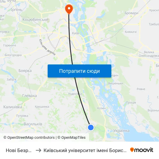 Нові Безрадичі to Київський університет імені Бориса Грінченка map