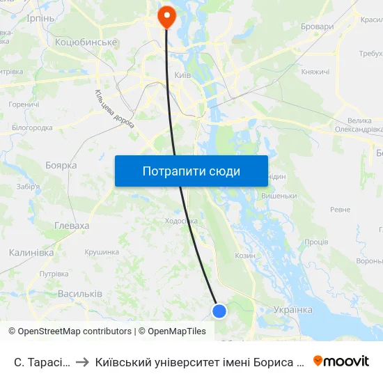 С. Тарасівка to Київський університет імені Бориса Грінченка map