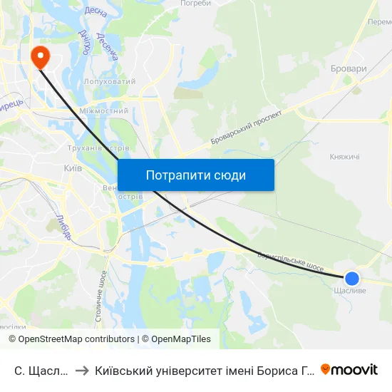 С. Щасливе to Київський університет імені Бориса Грінченка map