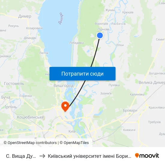 С. Вища Дубечня to Київський університет імені Бориса Грінченка map