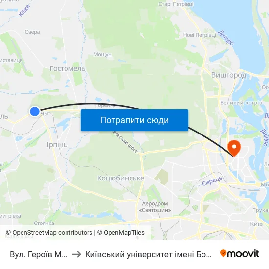 Вул. Героїв Майдану to Київський університет імені Бориса Грінченка map